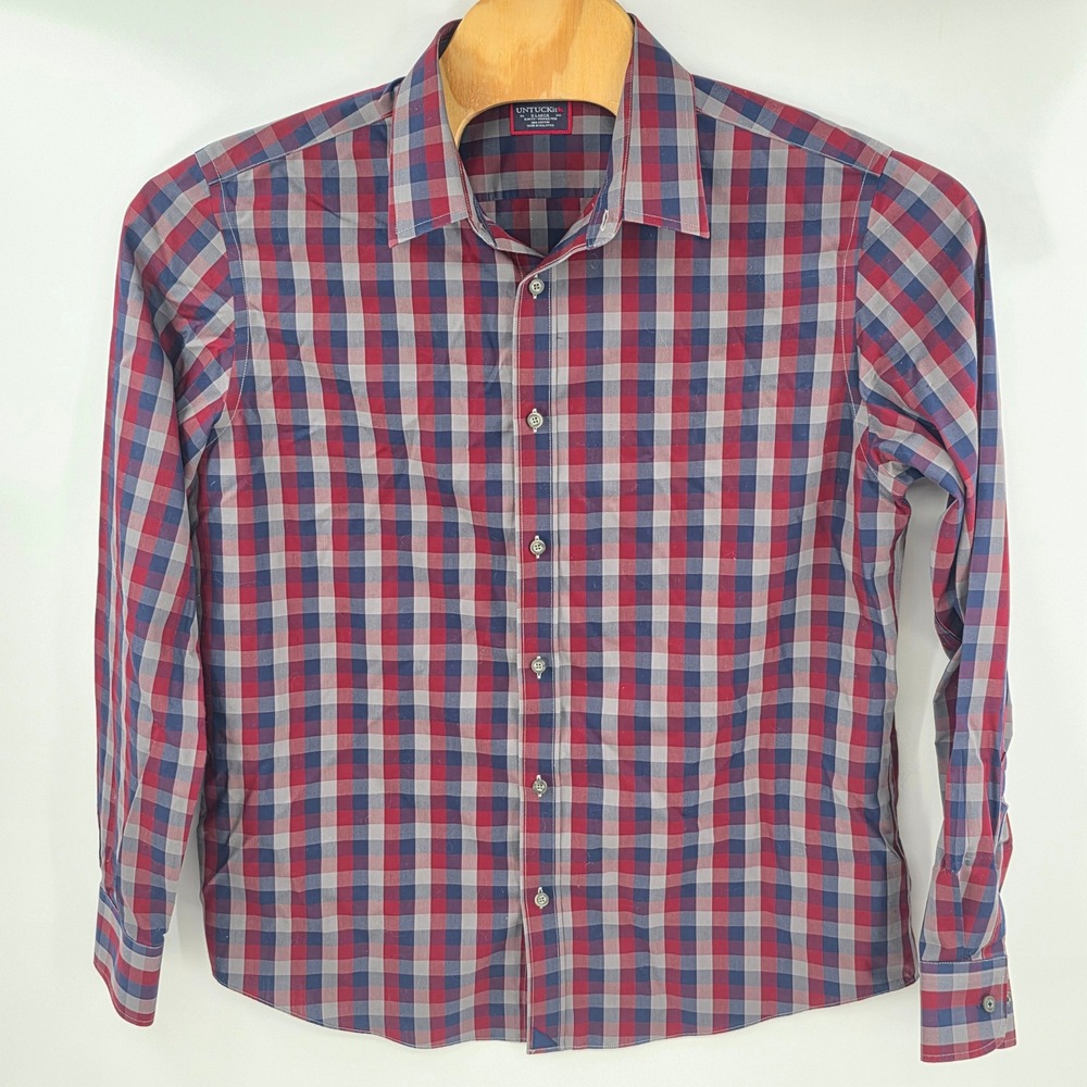 UNTUCKit Mens XL Slim Fit Wrinkle Free Plaid Button Down Shirt Red Blue Grey